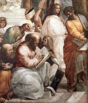 <a href=http://upload.wikimedia.org/wikipedia/commons/3/3f/Sanzio_01_Pythagoras.jpg>Pythagoras </a>is the center person writing. 