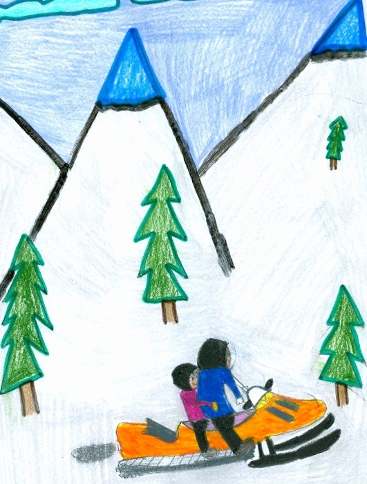 My grandma and I skidooing<br>(I drew this picture.)