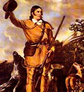 Davy Crockett is in the wild with his dogs.