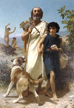 Homer being led by a young man. (en.wikipedida.org/wiki/homer)