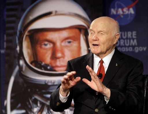 In this Feb. 20, 2012, file photo, U.S. Sen. John Glenn talks with astronauts on the International Space Station via satellite before a discussion titled 