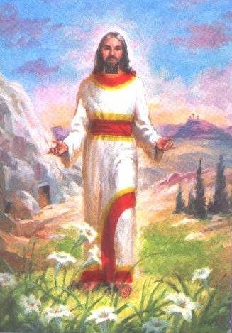 Jesus walking in the grass (www.cavemanart.com)