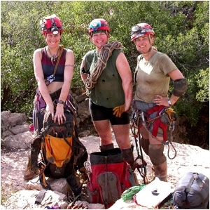 (L to R) Hazel Barton, Pat Seiser and Tama Cassidy following a week-long expedition in Lechuguilla Cave, New Mexico.