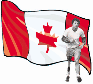Canadian hero Terry Fox running with flag 