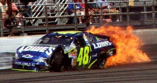 Johnson's car blows up at Indianapolis