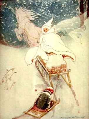 The Snow Queen taking Kai (Illustration by Margaret Tarrant)