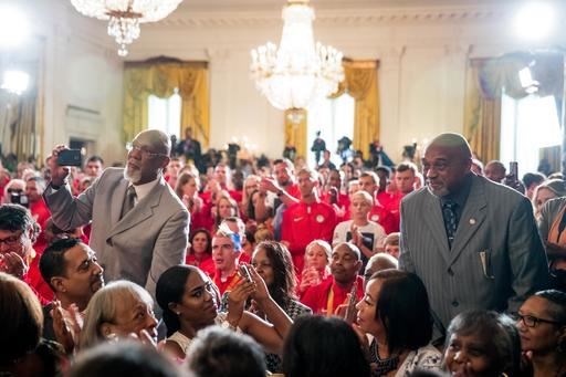 1968 US Olympic athletes Tommie Smith, right, and John Carlos, left, stand as they are recognized by President Barack Obama during a ceremony in the East Room of the White House in Washington, Thursday, Sept. 29, 2016, where the president honored the 2016 United States Summer Olympic and Paralympic Teams. Smith and Carlos extended their gloved hands skyward in racial protest during the playing of 