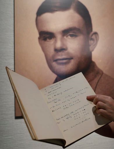 In this March 19, 2015 file photo, a page from the notebook of Alan Turing, the World War II code-breaking genius, is displayed in front of his portrait at an auction preview in Hong Kong. Turing, who was convicted of indecency in 1952 for being gay and later killed himself, was awarded a posthumous royal pardon in 2013. Britain's government announced Thursday, Oct. 20, 2016, that it will posthumously pardon thousands of gay and bisexual men convicted under the long-repealed anti-gay laws. (AP Photo/Kin Cheung, File)