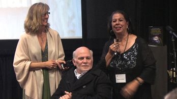 Wendy Milette, Ron Kovic, and Joanne Tawfilis award Fauzia Minallah the Ron Kovic Peace Award at the 2010 MY HERO Short Film Festival