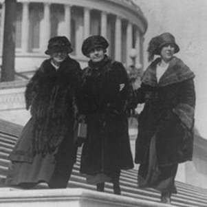 Left to right: Alice Robertson of Oklahoma (2nd woman elected to congress), Mae Ella Nolan of California (4th woman elected to congress), and Winnifred Mason Huck of Illinois (3rd woman elected to congress) pose on the House front steps of the U.S. Capitol, February 15, 1923. (Image courtesy of Library of Congress)